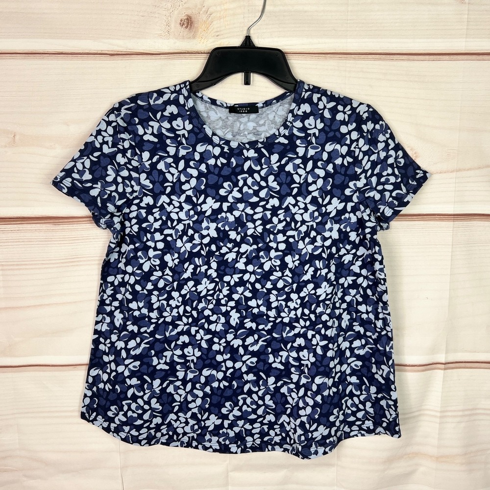 Studio 1886 Top Womens M Blue Floral T-Shirt A-Line Crew Neck Short Sleeve Knit